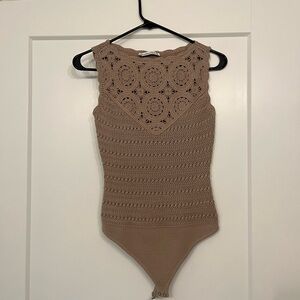 Abercrombie & Fitch Sleeveless Crochet Knit One-Piece Bodysuit in Tan